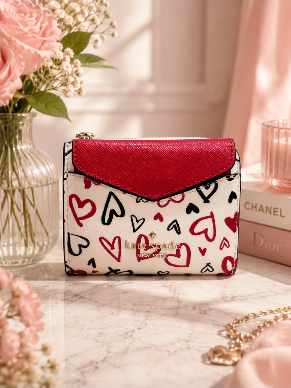 Kate Spade Staci Scribble Hearts Small Wallet Card Case Set W/Box KA629 New